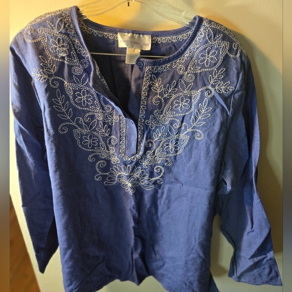 Susan Graver Oversized Plus   linen  sapphire blue  Blouse 1XL - Picture 2 of 5